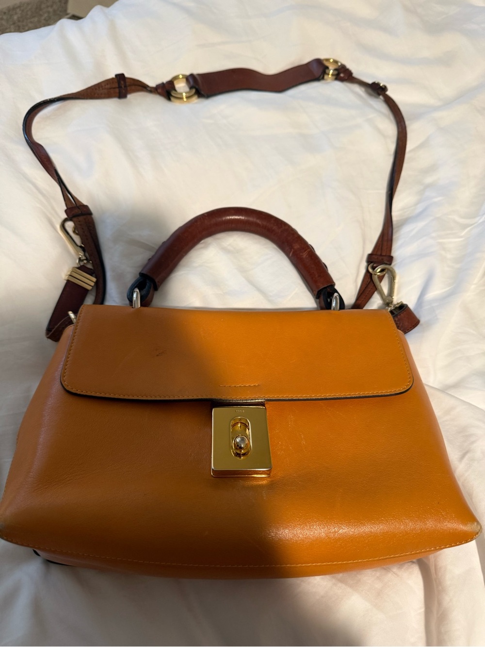 Chloe Two-Tone Leather Top-Handle Satchel in Saddle Brown and Cognac
